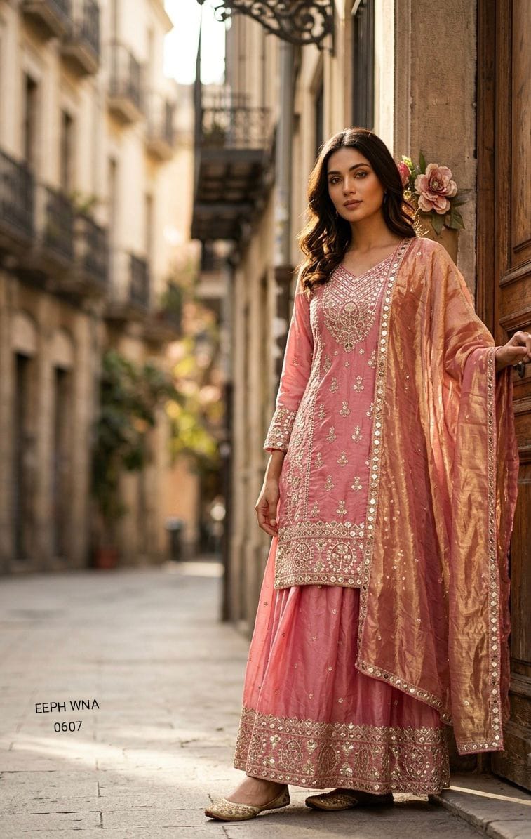 Peach Pink Embroidered Sharara Set